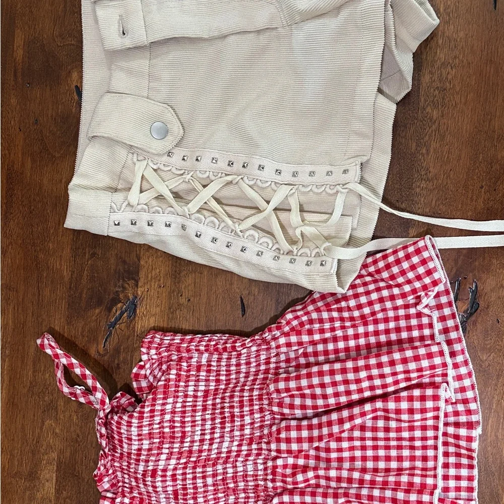 Beige Lace-Up sides shirts with Red Gingham spaghetti strap shirt